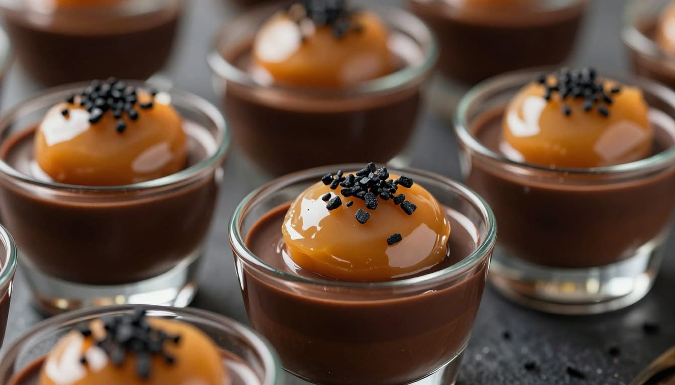 Schokoladendessert im Glas mit Karamellschicht und schwarzem Pyramidensalz als Topping