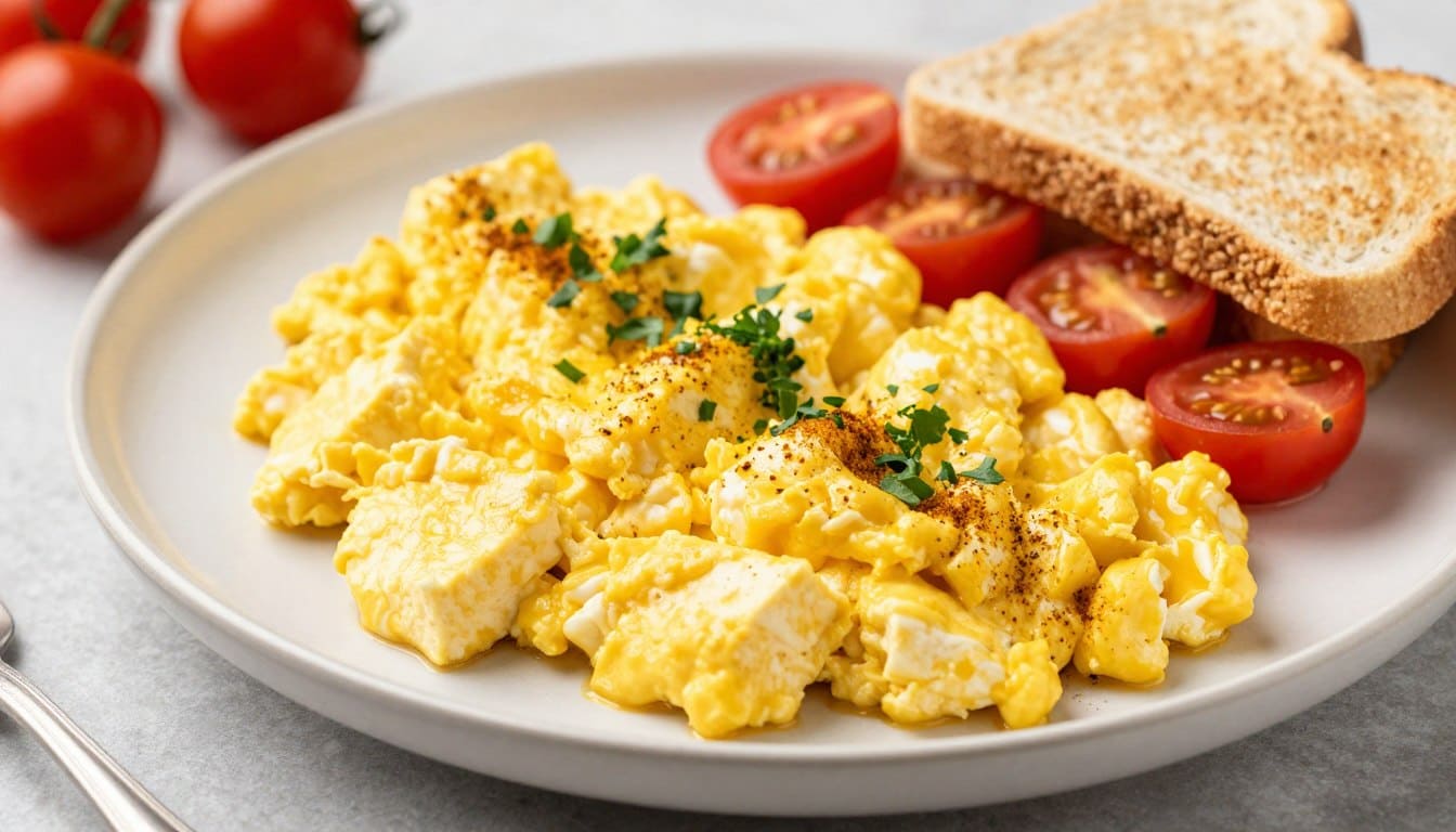 Veganes Rührei aus Tofu mit Kala Namak, angerichtet in einer Pfanne mit frischen Kräutern