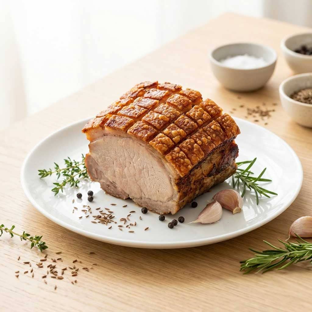 Traditioneller österreichischer Schweinsbraten mit knuspriger Kruste und Gewürzen