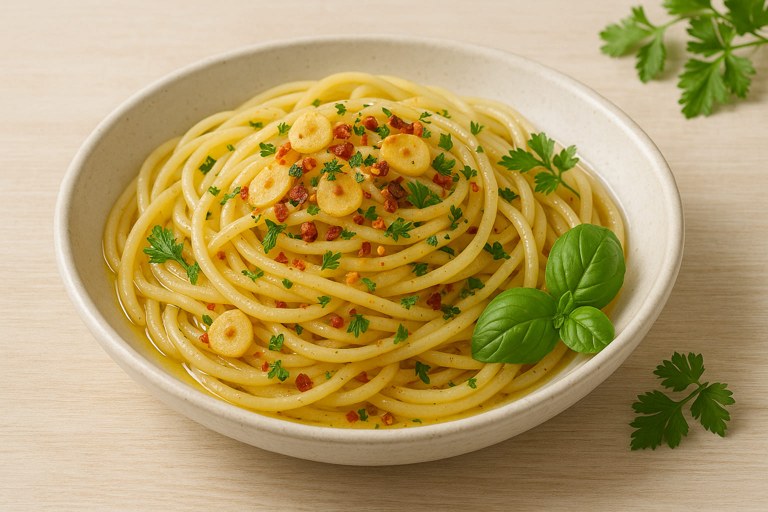 Spaghetti Aglio e Olio mit Knoblauch-Chili-Gewürz und frischen Kräutern