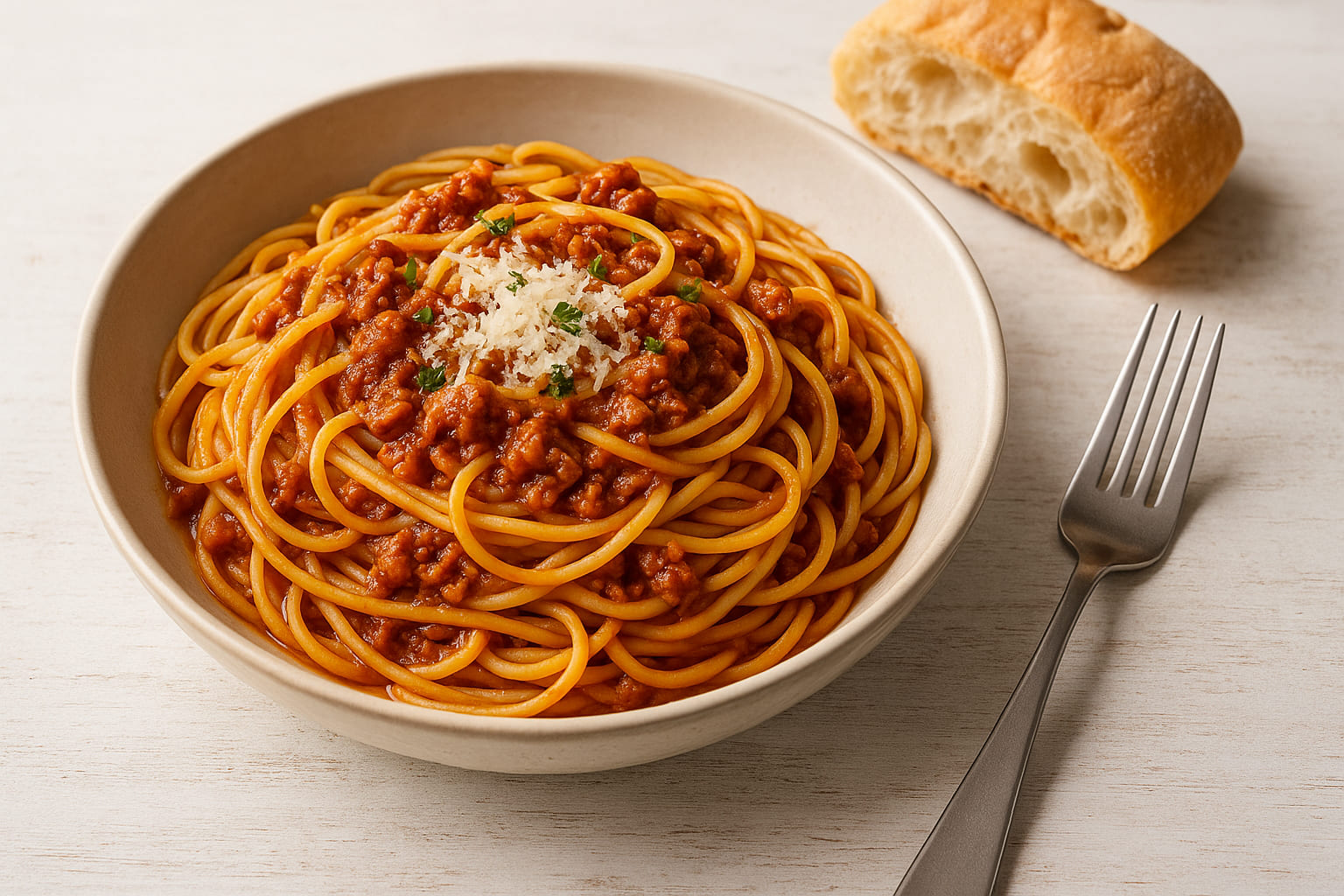 Spaghetti Bolognese angerichtet in Schale mit Gabel