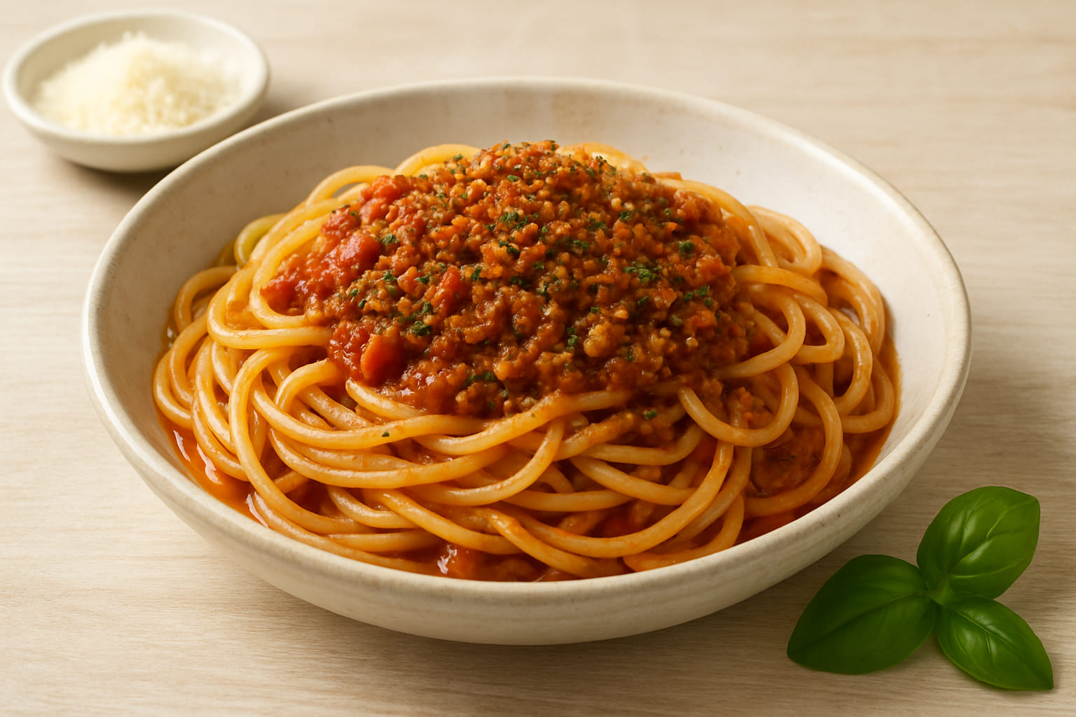 Spaghetti Bolognese mit aromatischer Gewürzmischung serviert