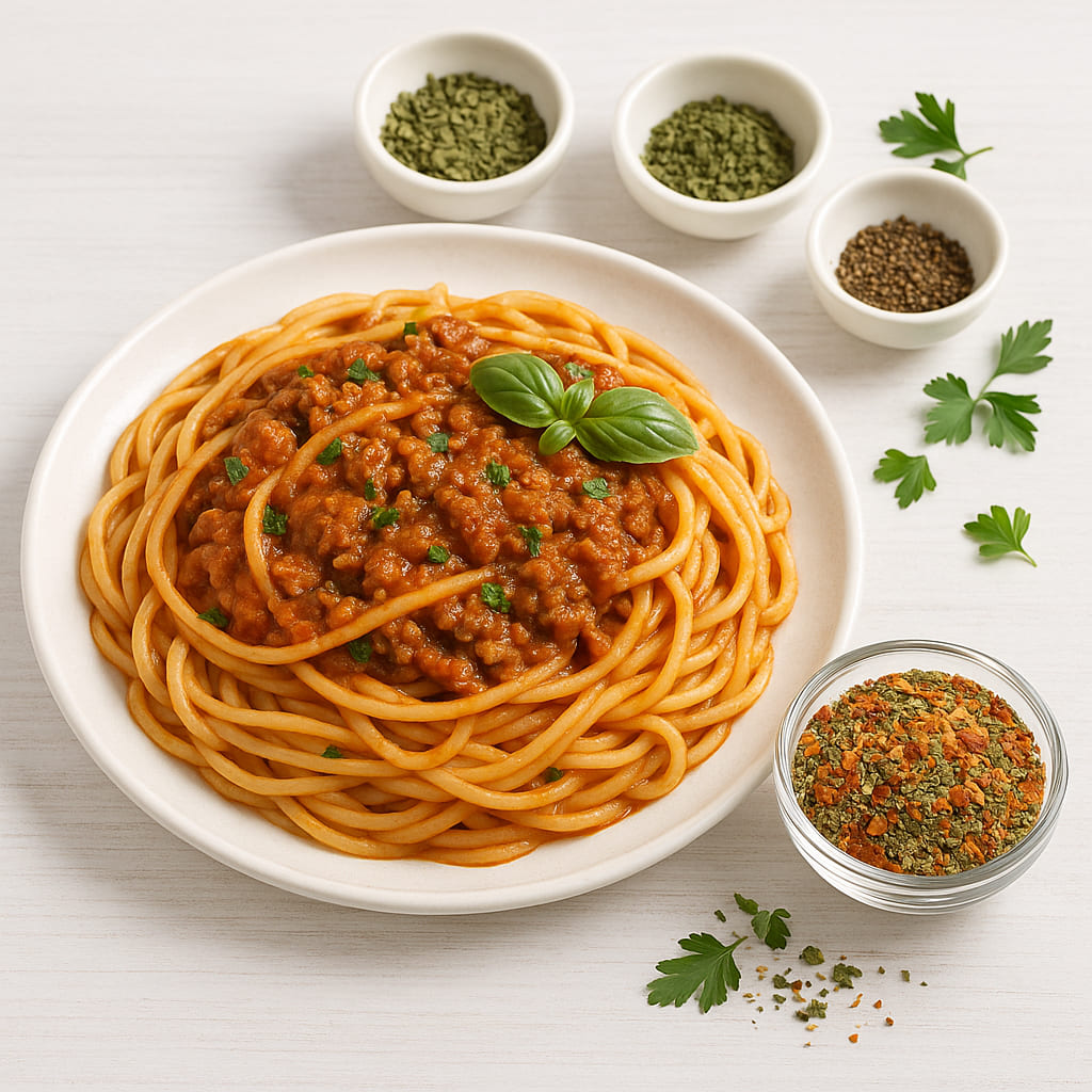 Spaghetti Bolognese mit Spaghetti Gewürz und kleinen Schalen mit Kräutern