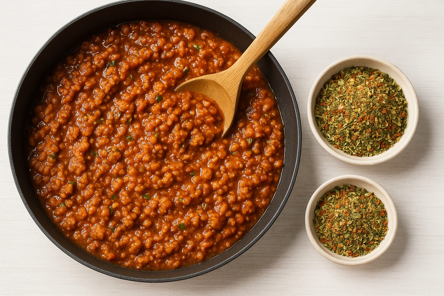 Pfanne mit Bolognese-Sauce und Holzlöffel, daneben eine Schale mit Spaghetti Gewürz