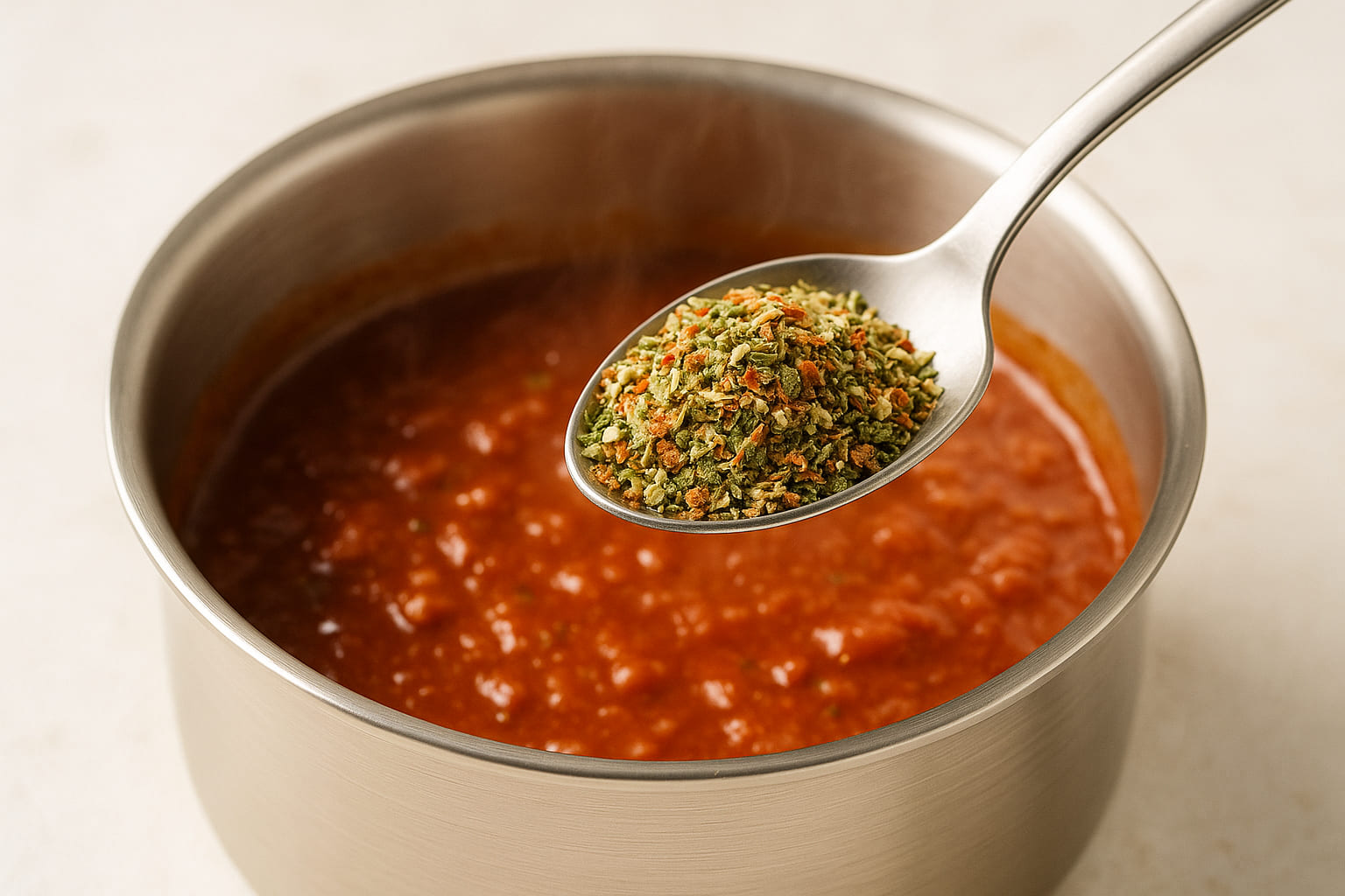 Nahaufnahme, wie Spaghetti Gewürz mit einem Löffel in einen Topf mit Tomatensauce gegeben wird