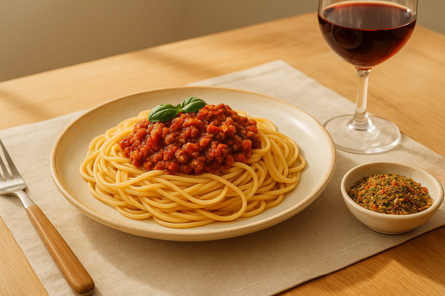 Gedeckter Tisch mit Spaghetti Bolognese, Glas Rotwein und Schale mit Spaghetti Gewürz