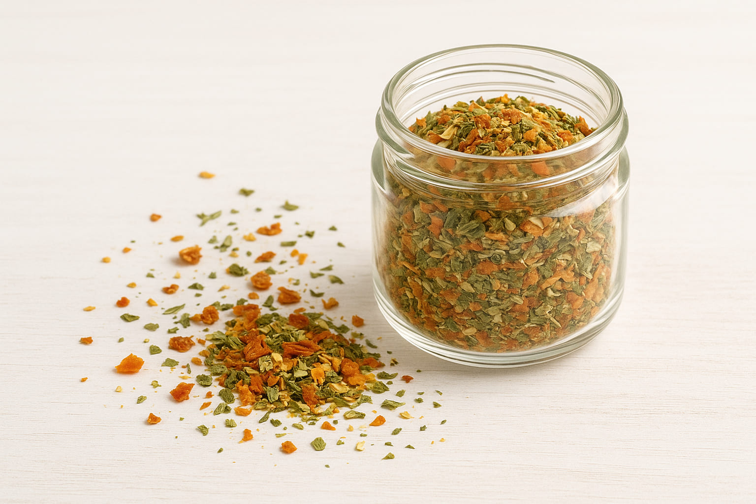 Glas mit Spaghetti Gewürz, daneben getrocknete Kräuter und Tomatenstücke auf hellem Untergrund