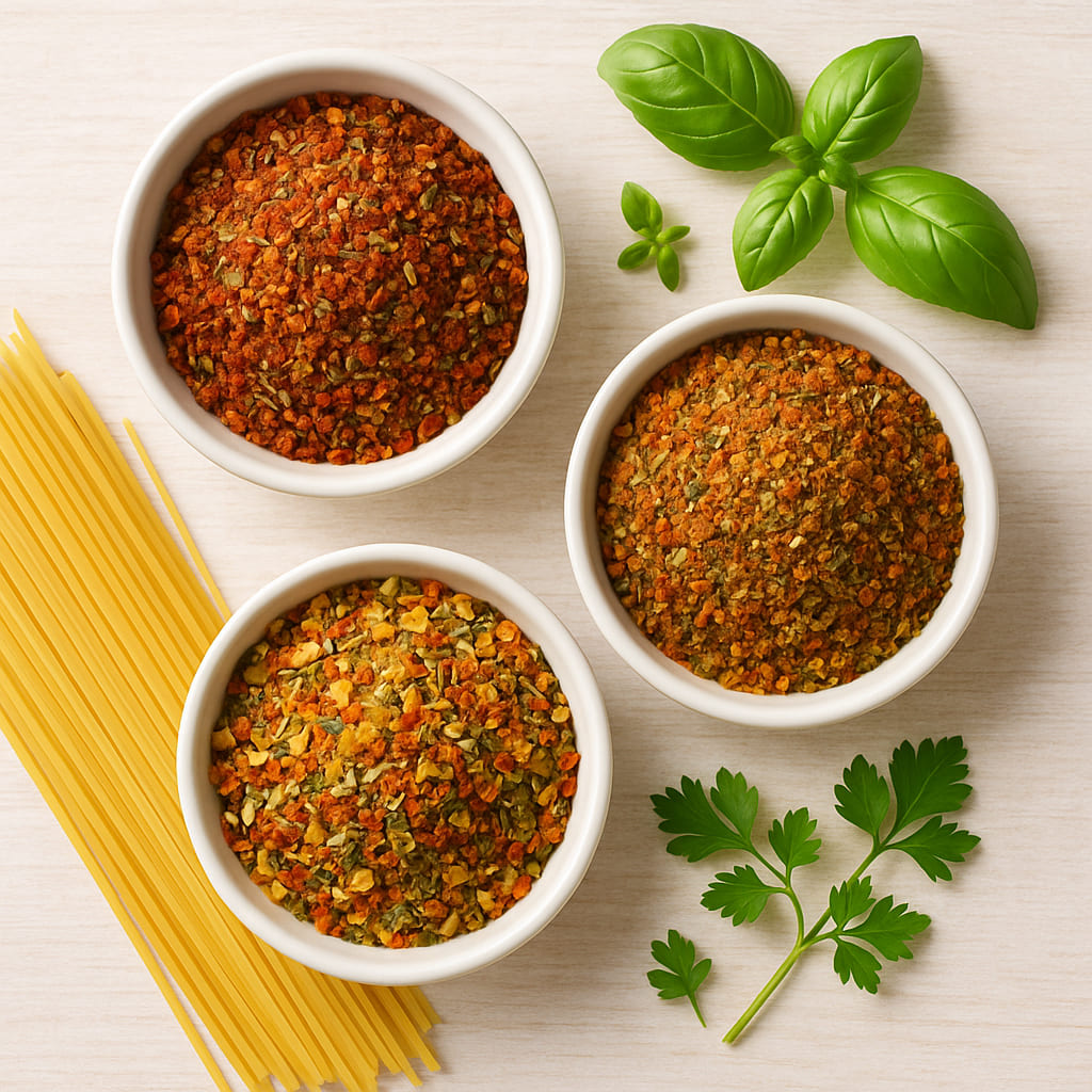 Drei verschiedene Pastagewürze in Schalen mit Spaghetti und frischen Kräutern arrangiert