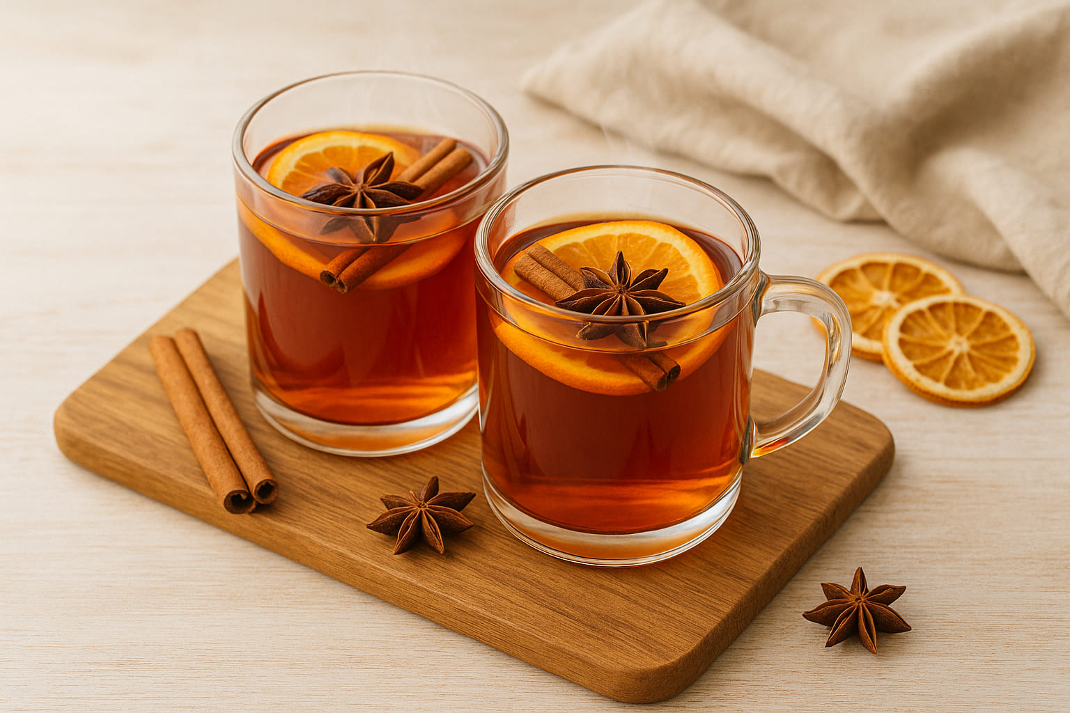 sternanis-getraenk Heißer Glühwein mit Sternanis und Orangenscheiben