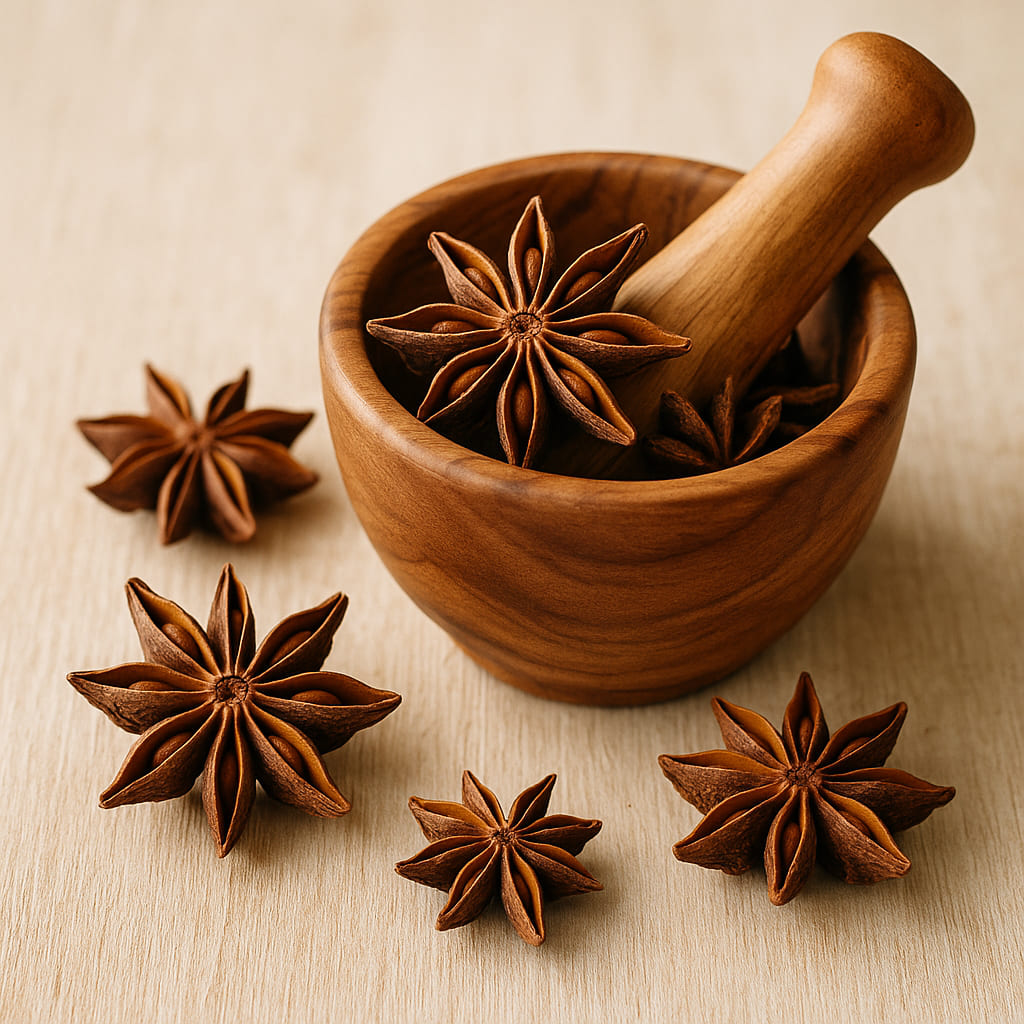 Sternanis Gewürz Frischer Sternanis mit Gewürzmörser