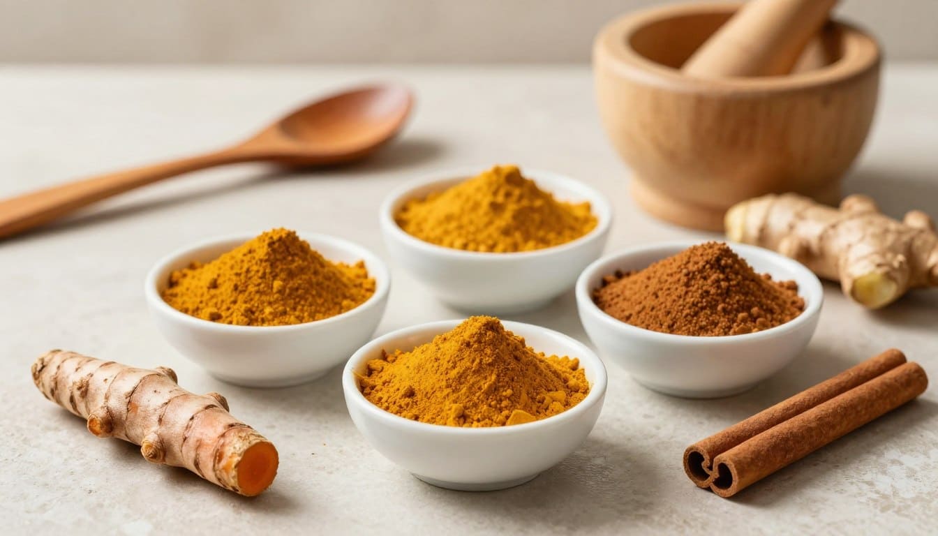 Stillleben mit Kurkuma, Ingwer und Zimt dekorativ auf einem Holztisch arrangiert