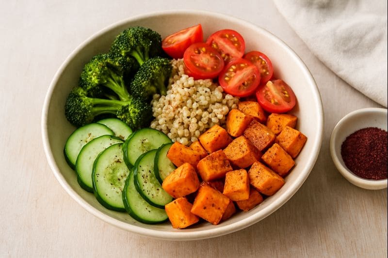 Moderne Bowl mit Gemüse und Sumach verfeinert