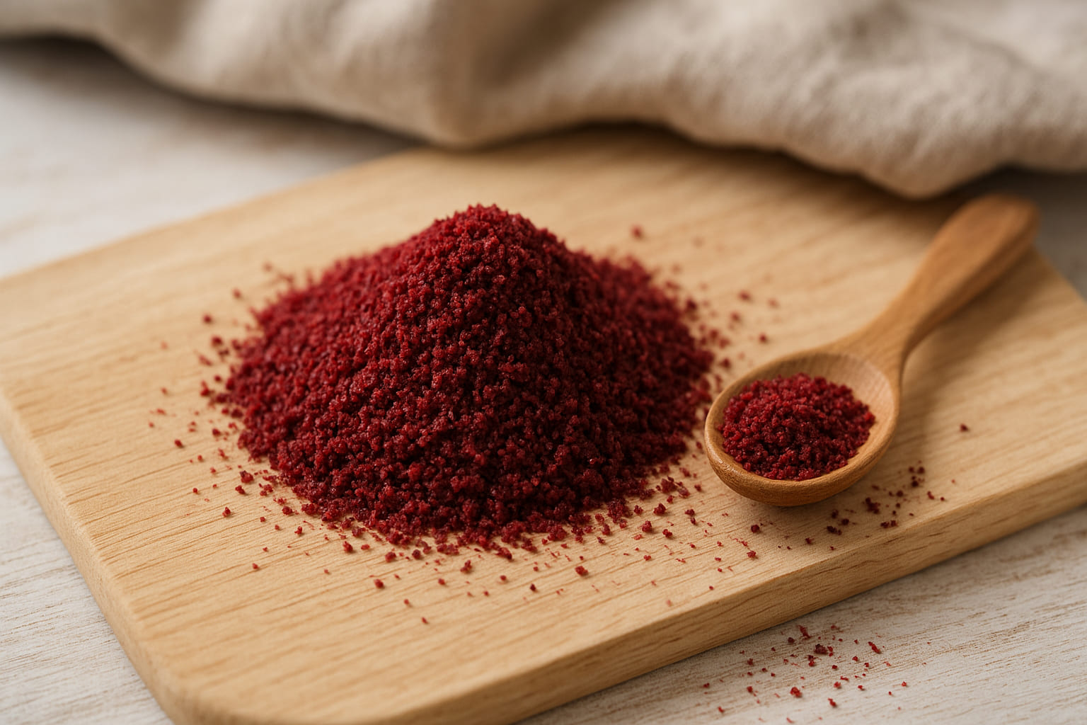 Roter Sumach auf Holzbrett mit Löffel und Leinentuch
