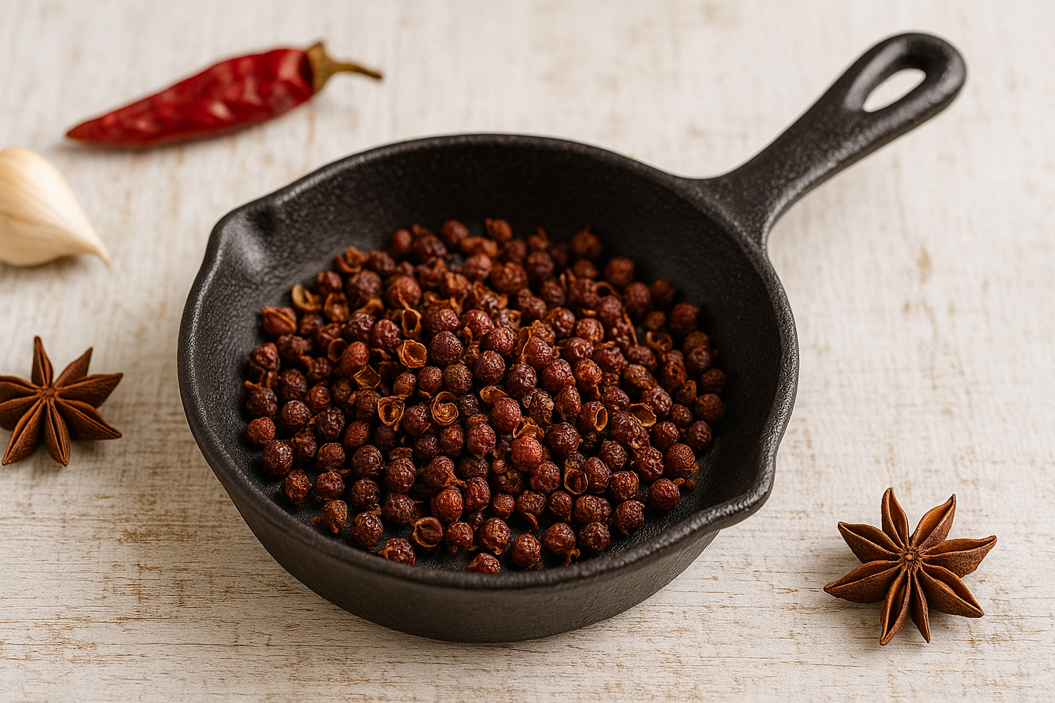 Geröstete Szechuan Pfefferkörner in einer Pfanne