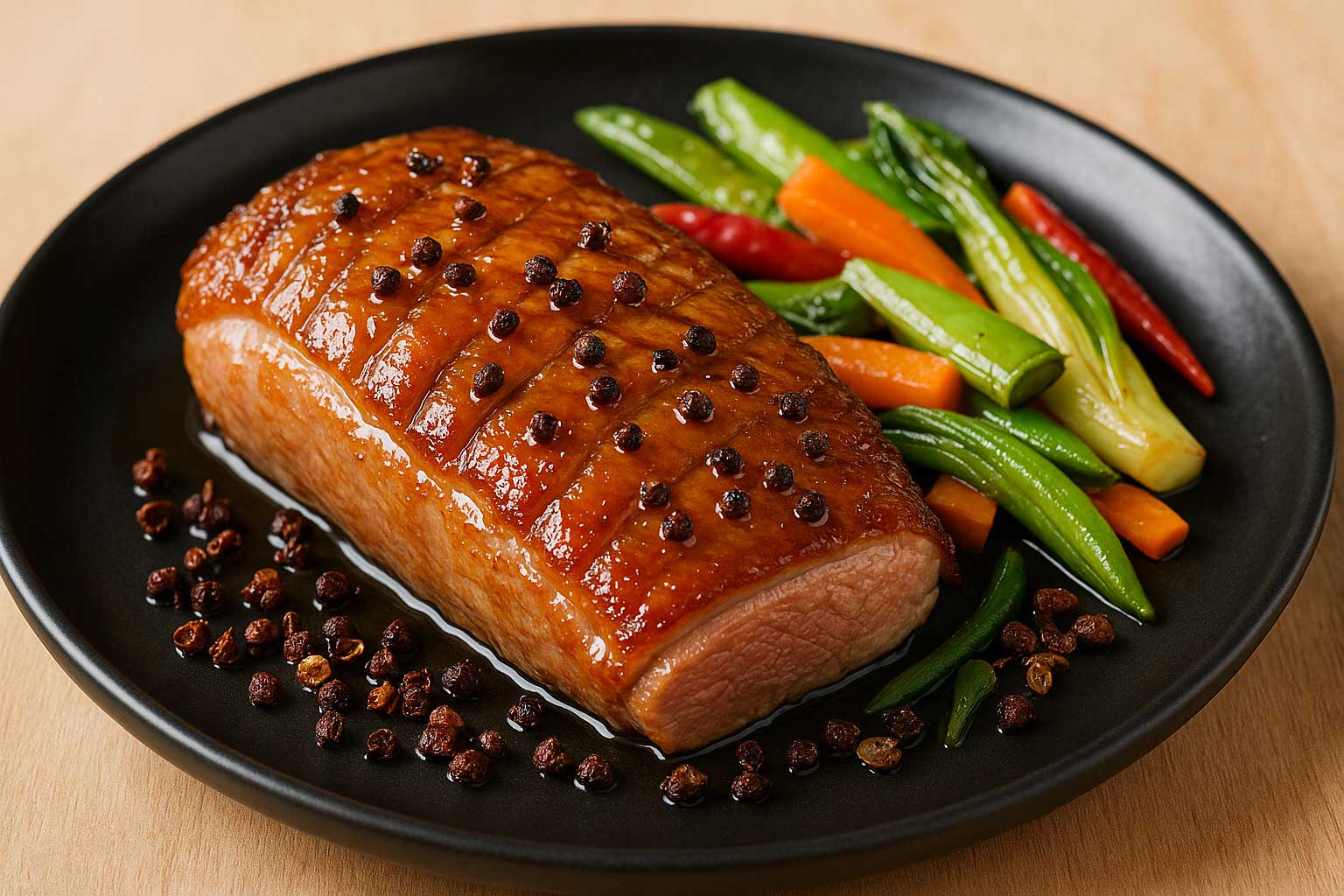 szechuanpfeffer-entenbrust Glasierte Entenbrust mit Szechuanpfeffer, serviert auf schwarzem Teller