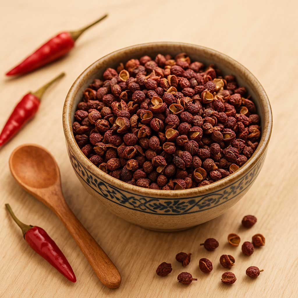 szechuanpfeffer-intro Getrocknete Szechuanpfefferkörner in einer kleinen Tonschale mit chinesischem Muster