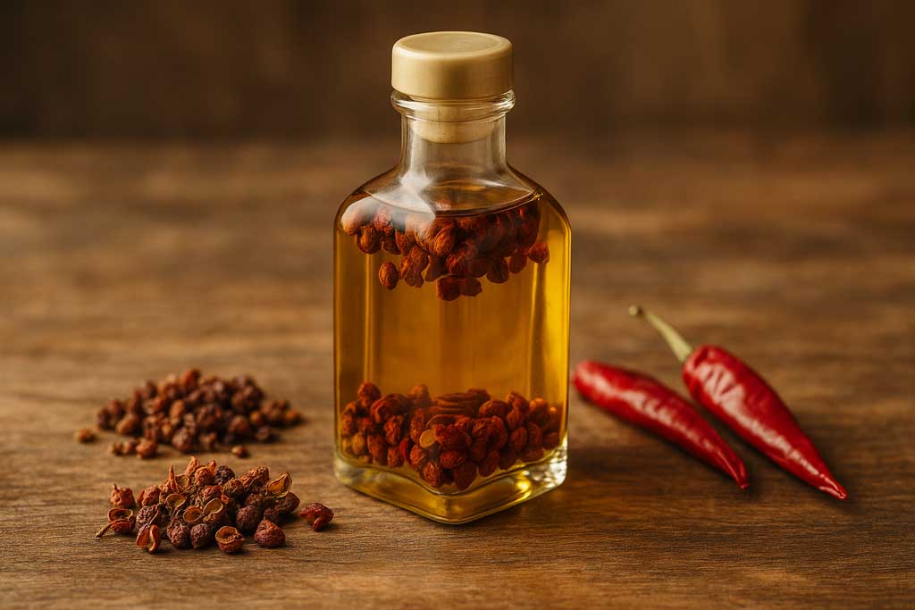szechuanpfeffer-oel Szechuanpfeffer-Öl in einer Glasflasche, daneben rote Pfefferkapseln und Chilischoten