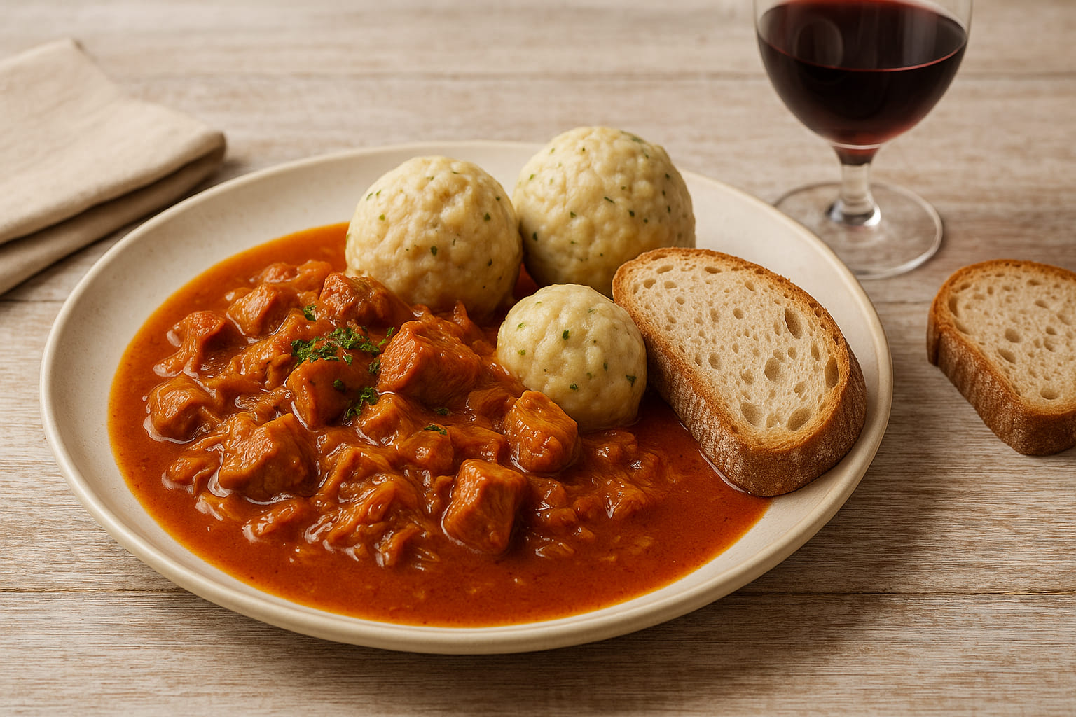 Szegediner Gulasch serviert mit Knödel und Brot