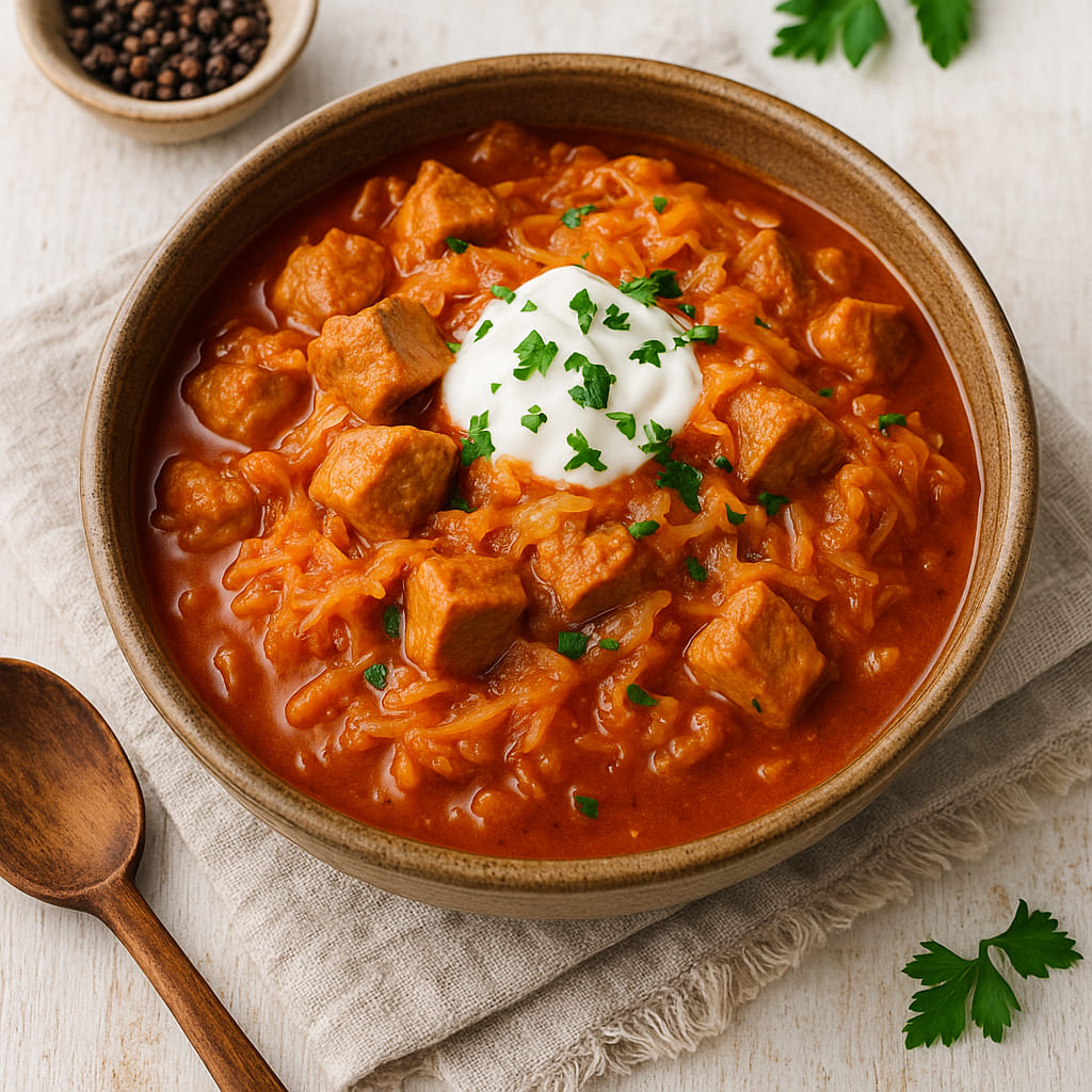 Traditionelles Szegediner Gulasch in rustikaler Schale serviert