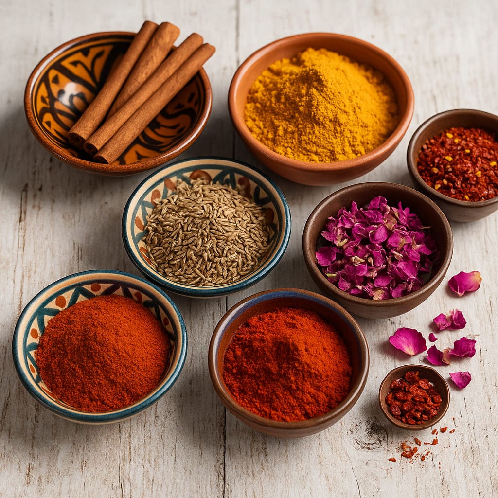 Bunte Tajine-Gewürze in marokkanischen Tonschalen auf weißem Holzuntergrund