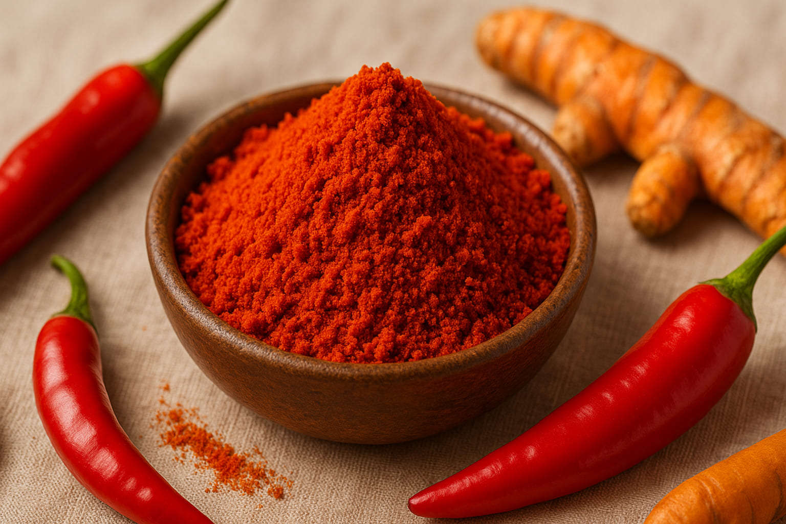 tandoori-masala Rotes Tandoori Masala in einer kleinen Tonschale mit Chili und Kurkuma