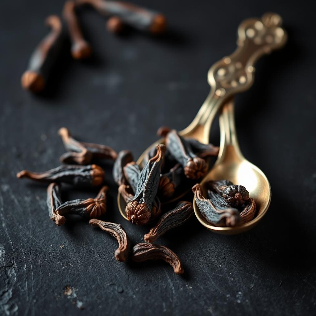 Gewürznelken als TCM Gewürz auf dunklem Hintergrund, makro fotografiert