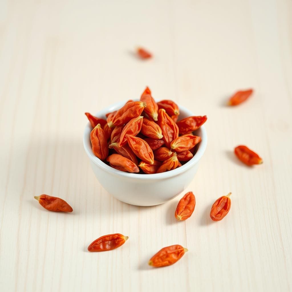 Getrocknete Goji-Beeren als TCM Gewürz in einer kleinen Schale