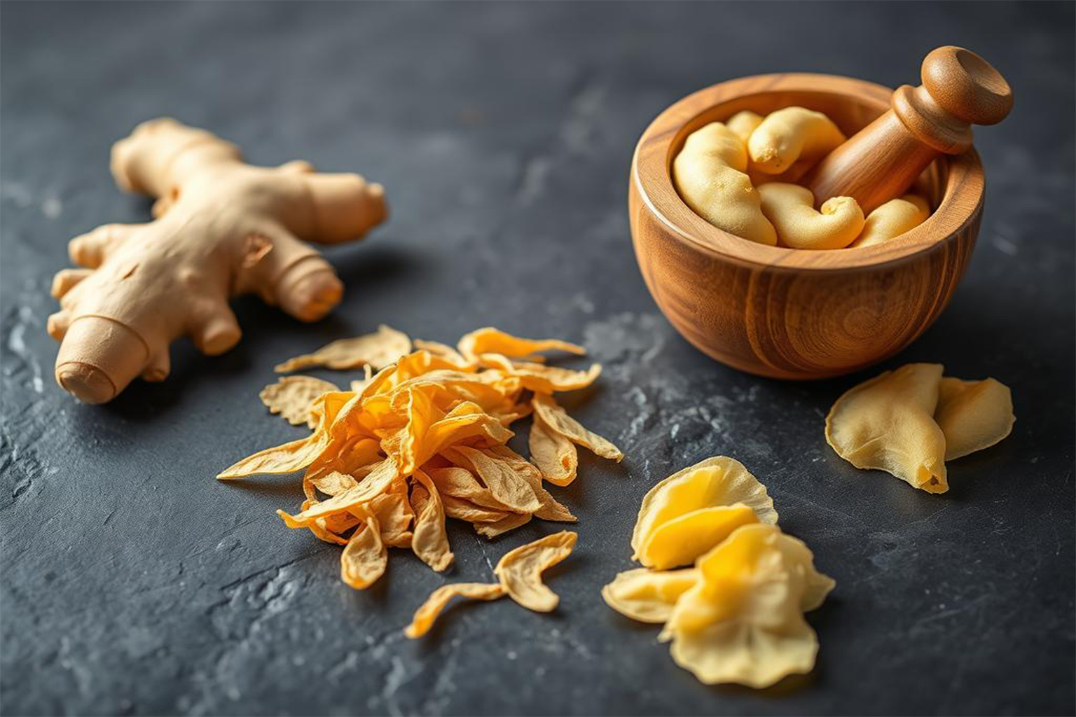 Frischer und getrockneter Ingwer als TCM Gewürz, auf Holzbrett arrangiert