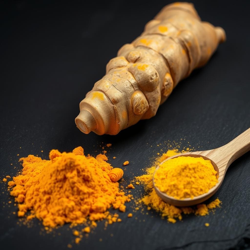 Kurkuma-Wurzel und Kurkumapulver als TCM Gewürz, dekorativ angerichtet