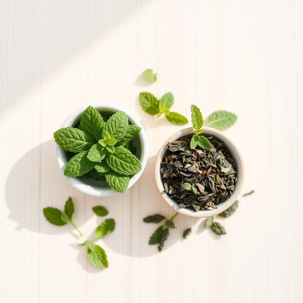 Frische und getrocknete Pfefferminze als TCM Gewürz, nebeneinander präsentiert