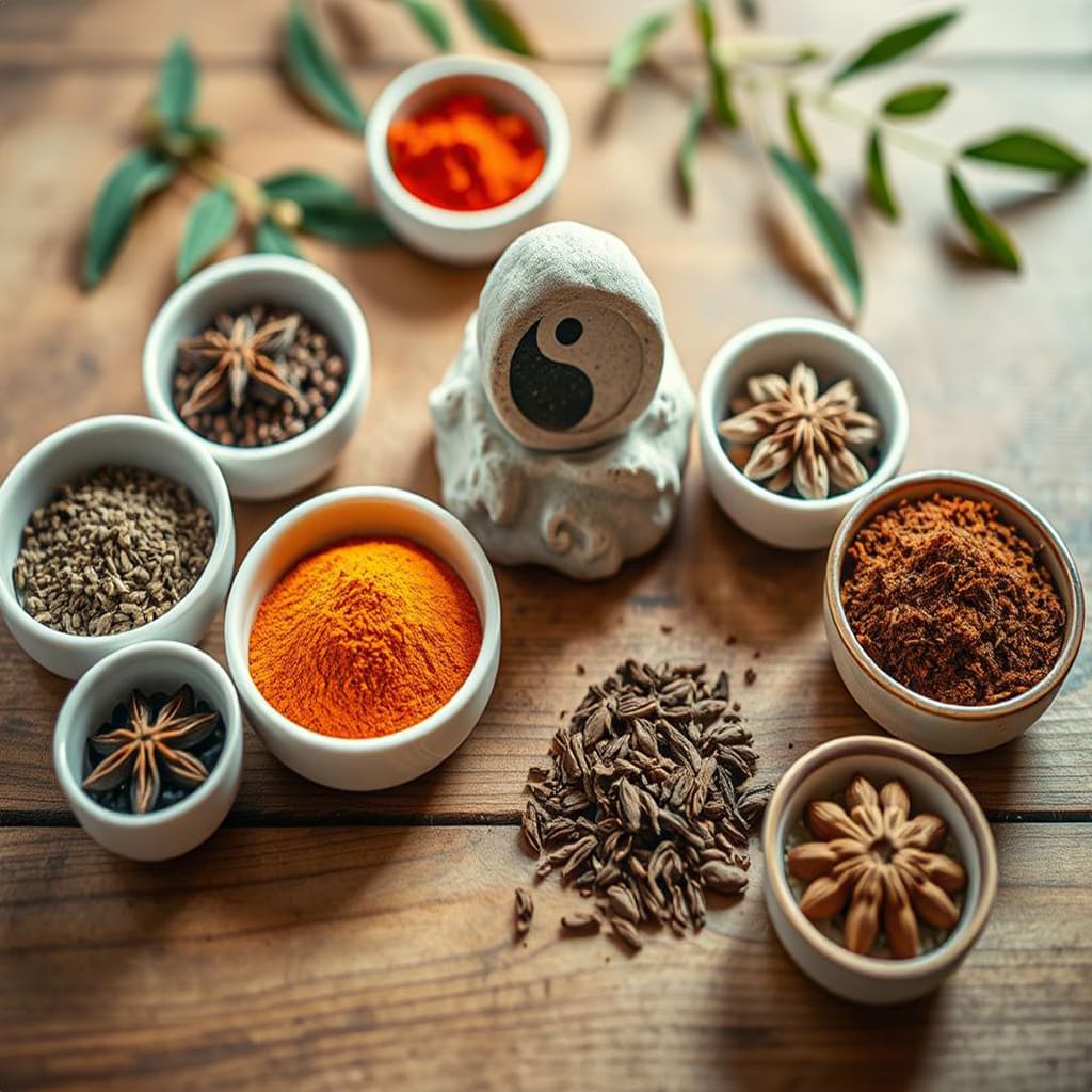 Verschiedene TCM Gewürze in kleinen Schalen, arrangiert zu einem Yin-Yang-Symbol auf dunklem Untergrund
