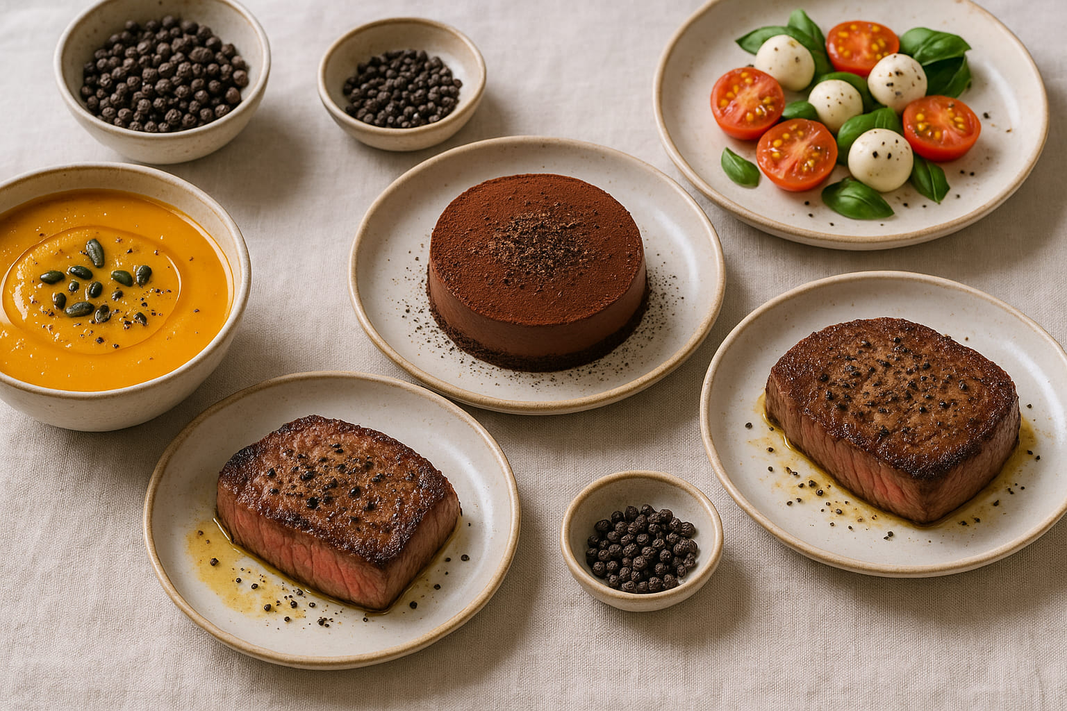 Rezepte mit Tellicherry Pfeffer serviert auf einem Tisch