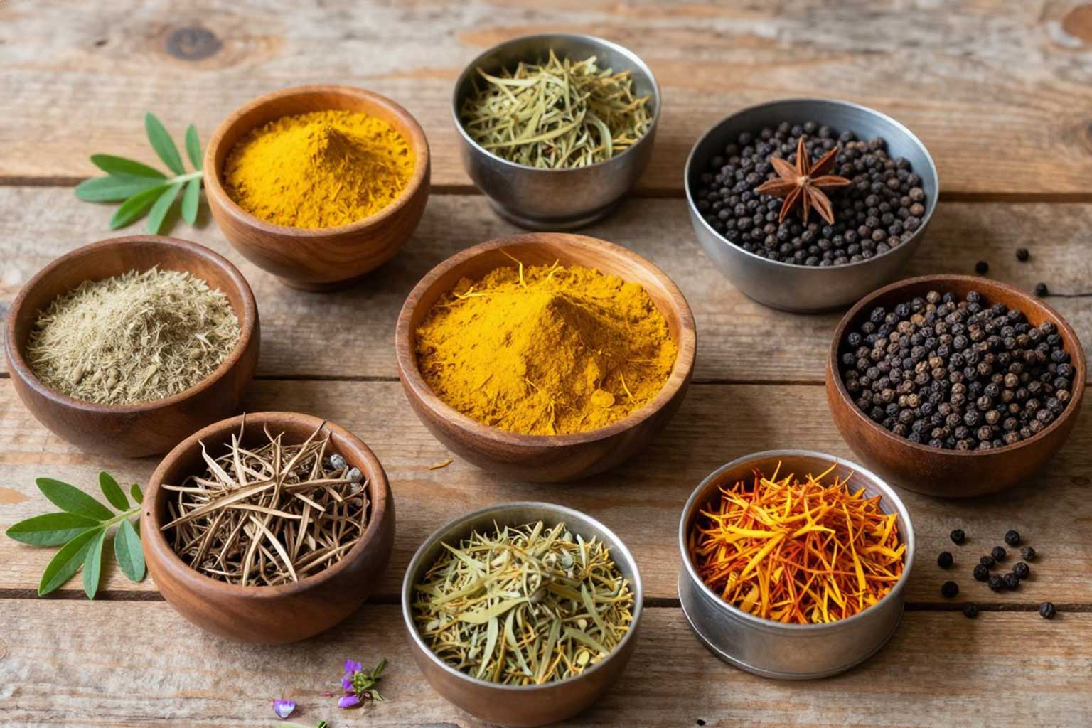 Verschiedene Tri-Dosha Gewürze für die Ayurveda Gewürze Grundausstattung