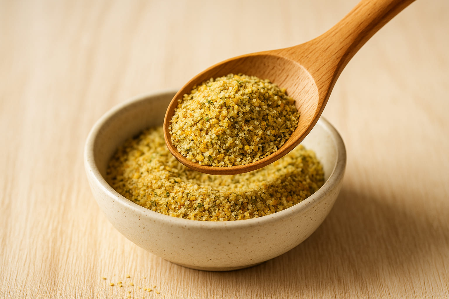 Dosierung des Umami Gewürzes mit Holzlöffel