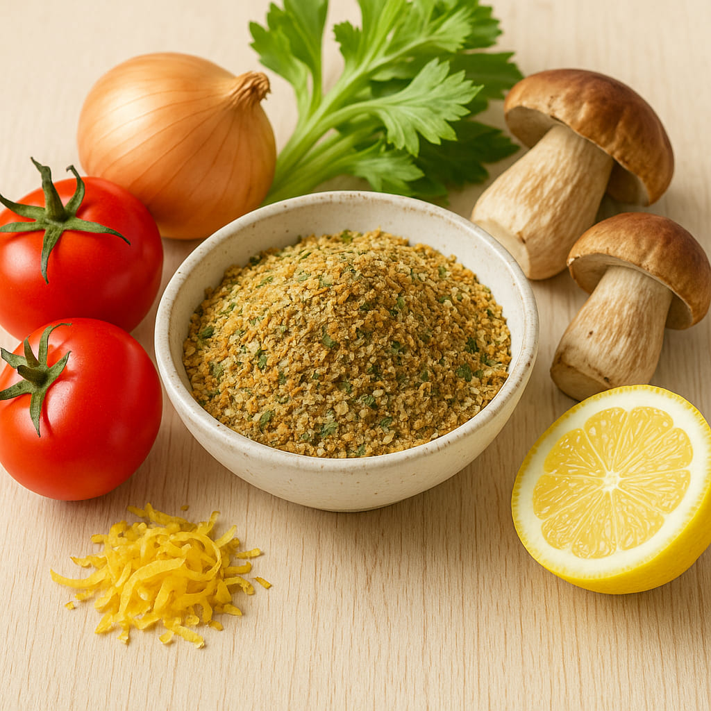 Umami Gewürz in einer Schale mit frischen Zutaten