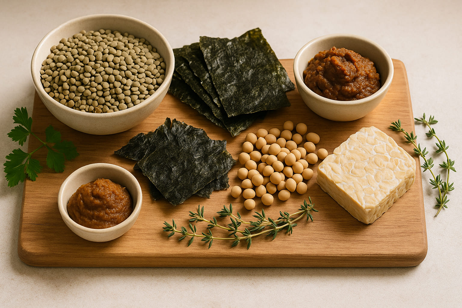 umami-nachhaltigkeit Nachhaltige pflanzliche Zutaten wie Linsen, Algen und fermentierte Produkte auf Holz