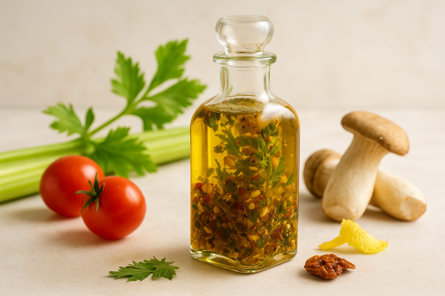 Selbstgemachtes Umami Würzöl in Glasflasche