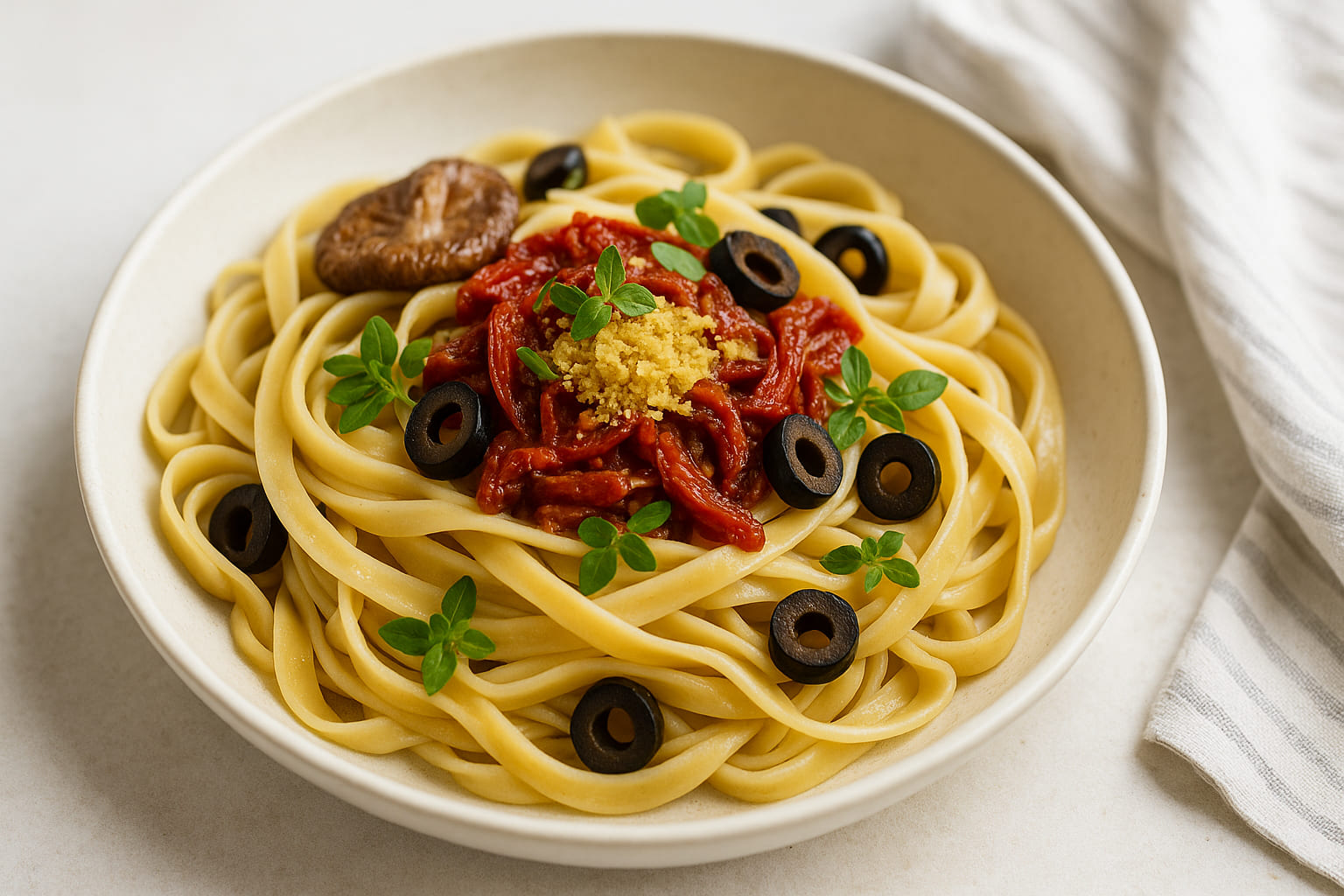 umami-pasta-vegan Vegane Pasta mit Umami-reichen Zutaten wie getrockneten Tomaten, Hefeflocken und Oliven