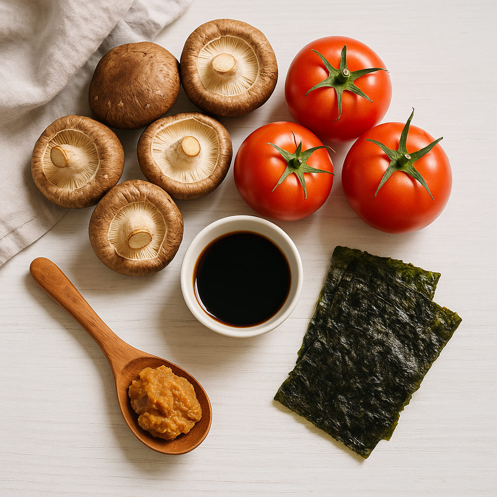 umami-vegetarisch-vegan Nahaufnahme von Umami-reichen vegetarischen Zutaten wie Pilze, Tomaten und Sojasauce auf einem hellen Holzuntergrund
