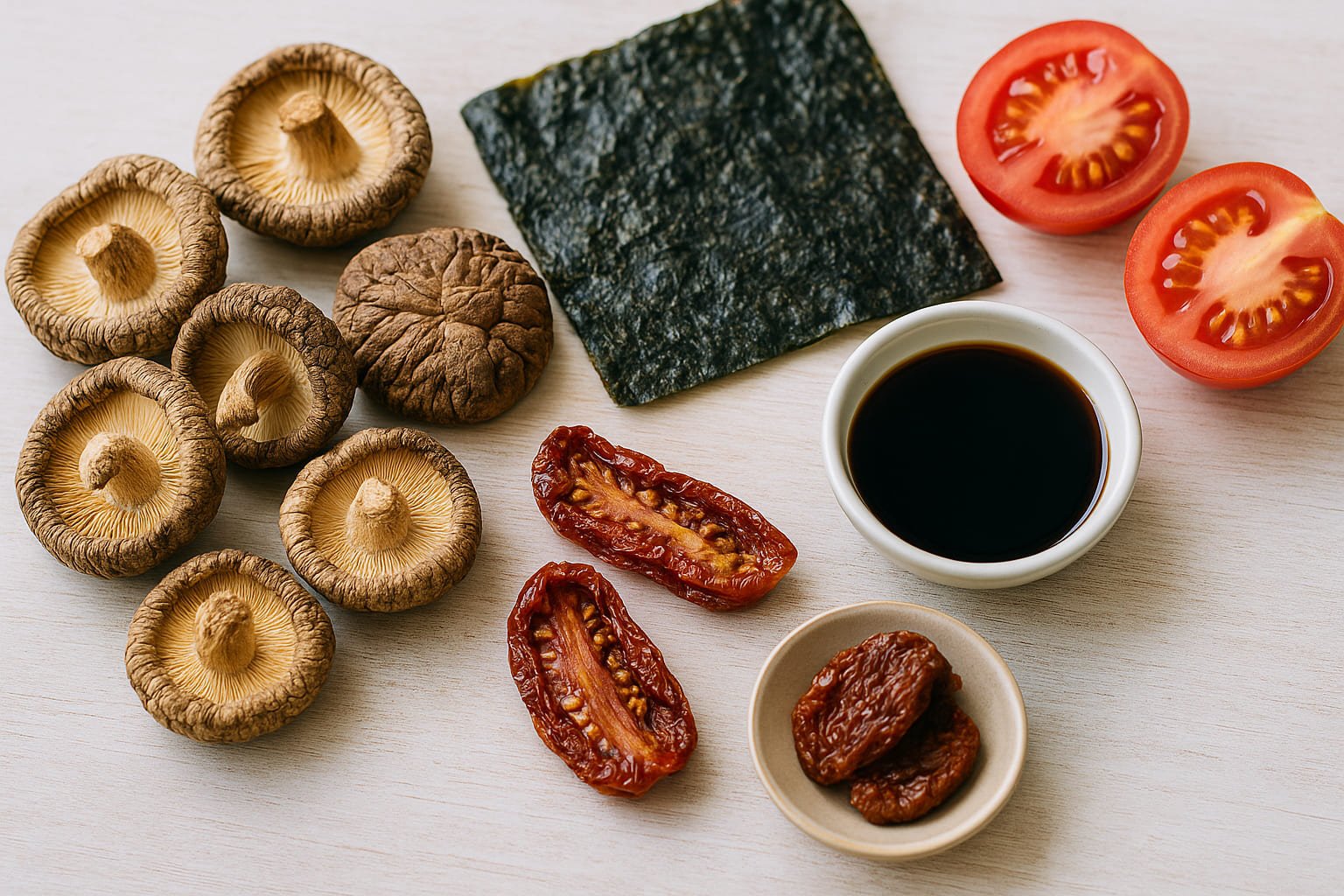 umami-zutaten-kombination Kombination aus Pilzen, Algen, getrockneten Tomaten und Sojasauce als Umami-Basis