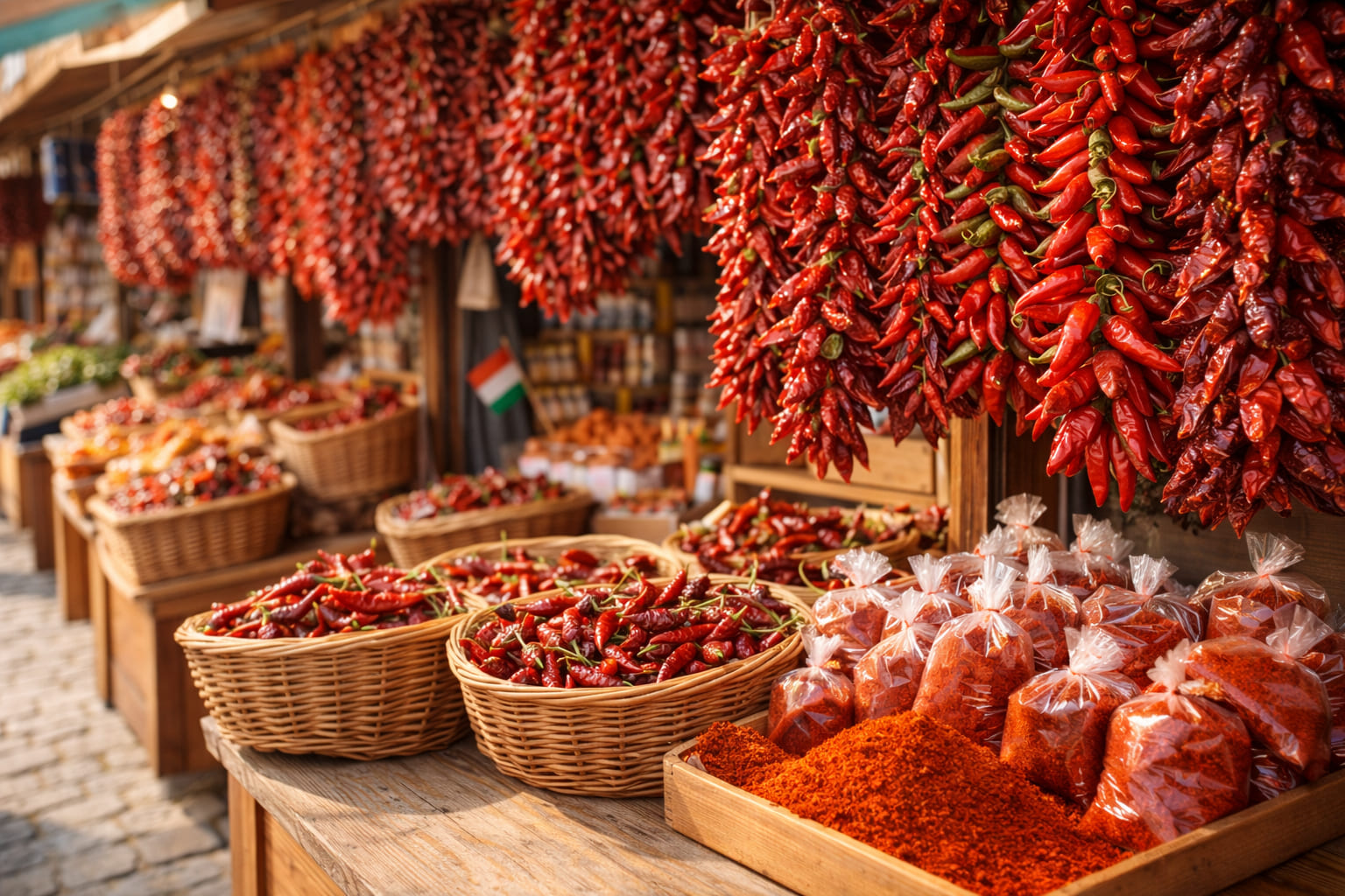 Traditionelle ungarische Paprikakränze an einem Marktstand