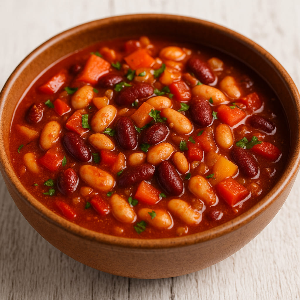 Veganes Bohnengulasch in rustikaler Tonschüssel