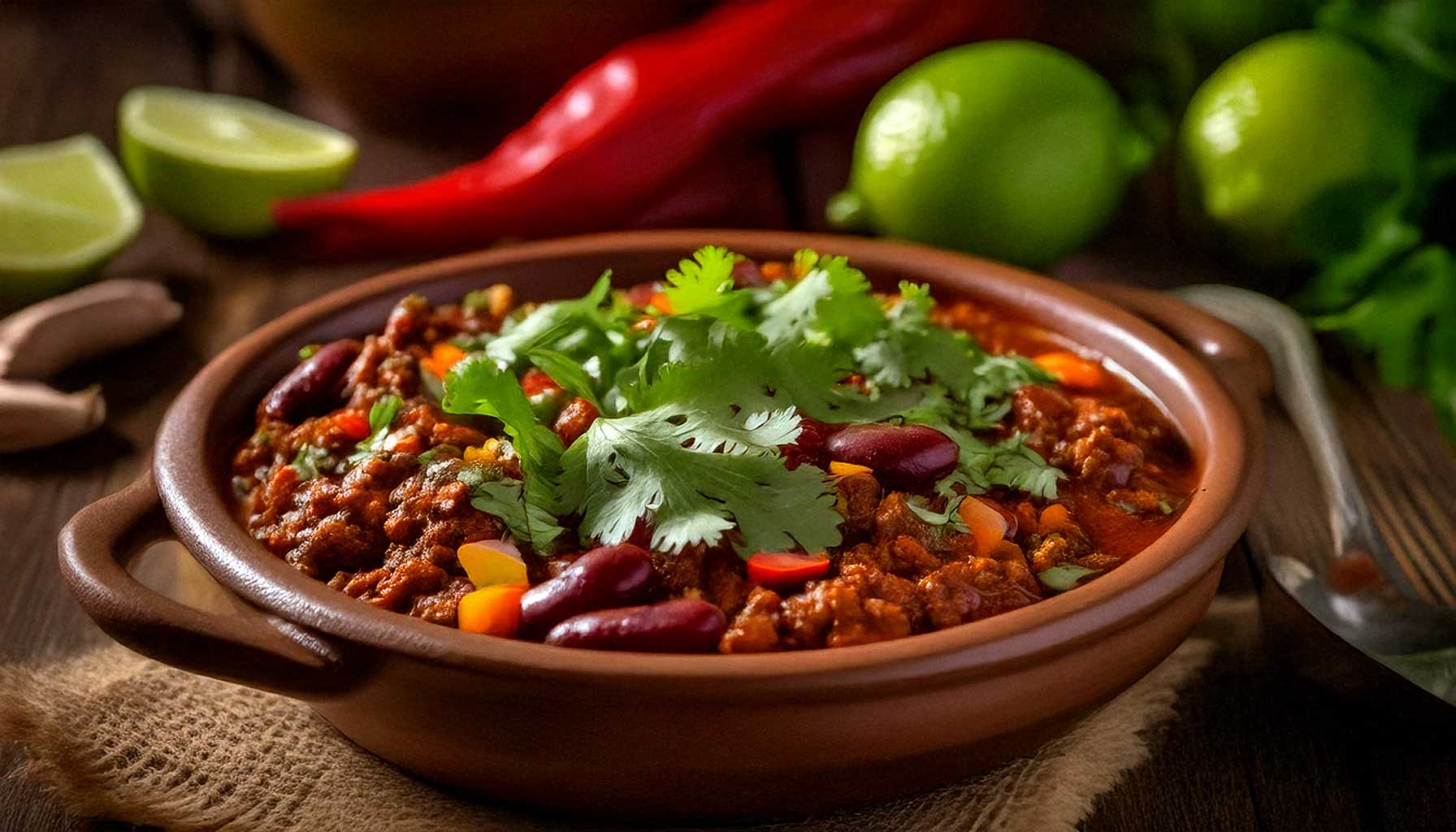 Veganes Chili con Carne: Der mexikanische Klassiker Neu Interpretiert Ein Schüssel mit veganem Chili Con Carne, garniert mit frischem Koriander