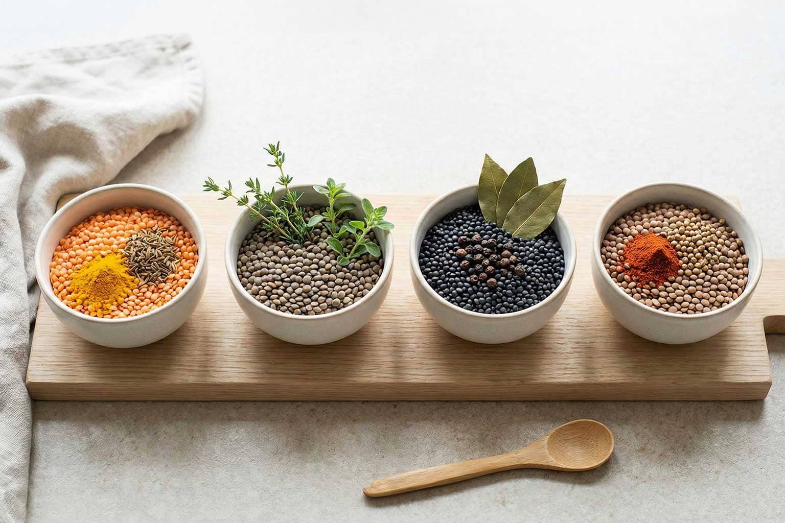 Verschiedene Linsensorten mit passenden Gewürzen für Linsensuppe