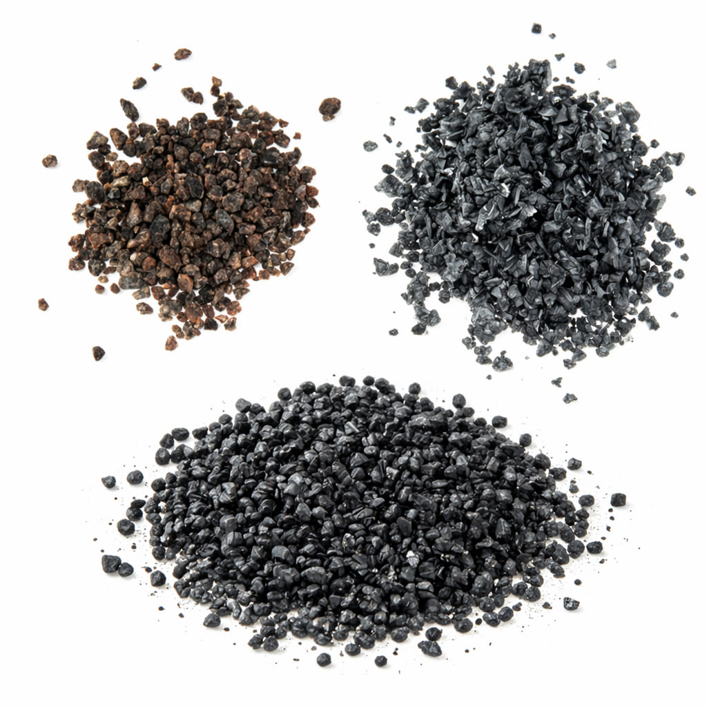 Verschiedene Sorten von schwarzem Salz – Kala Namak, Schwarzes Hawaii Salz und Schwarzes Pyramidensalz – dekorativ auf einem Holzbrett angerichtet