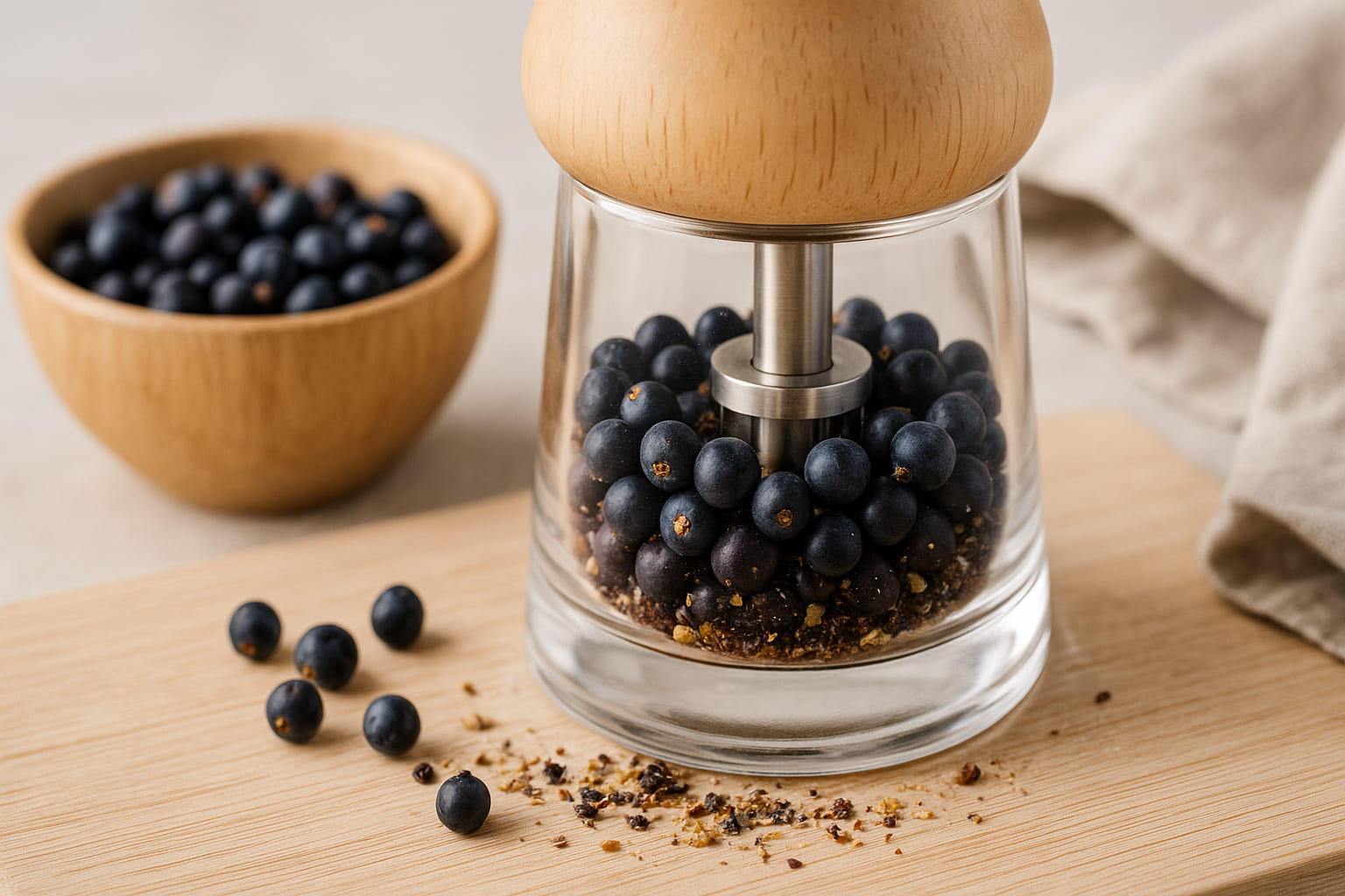 wacholder-zubereitung Zubereitung von Wacholderbeeren in einer Gewürzmühle