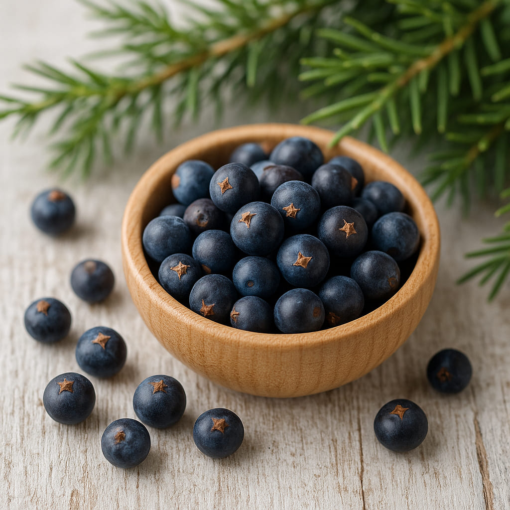 Wacholderbeeren in einer Schale, daneben frische Zweige
