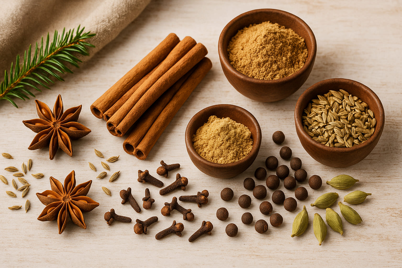 Lebkuchengewürze mit dezenten winterlichen Accessoires wie Tannenzweig oder Leinentuch.
