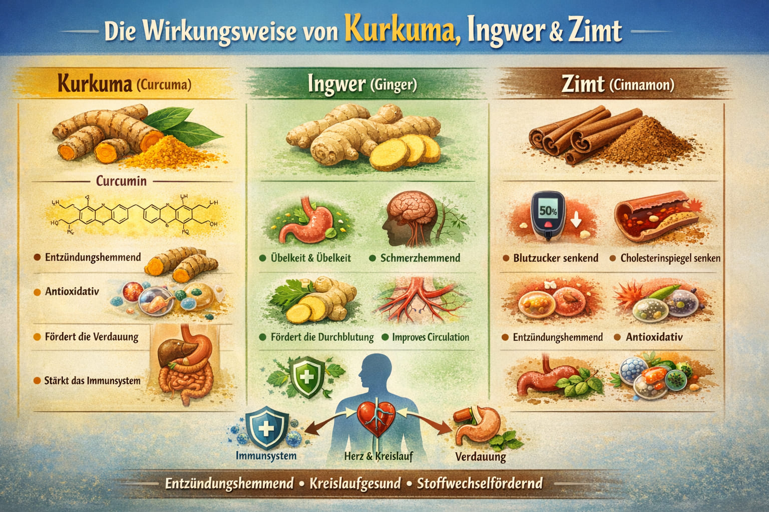Abstrakte wissenschaftliche Illustration zur Wirkungsweise von Kurkuma, Ingwer und Zimt im Körper