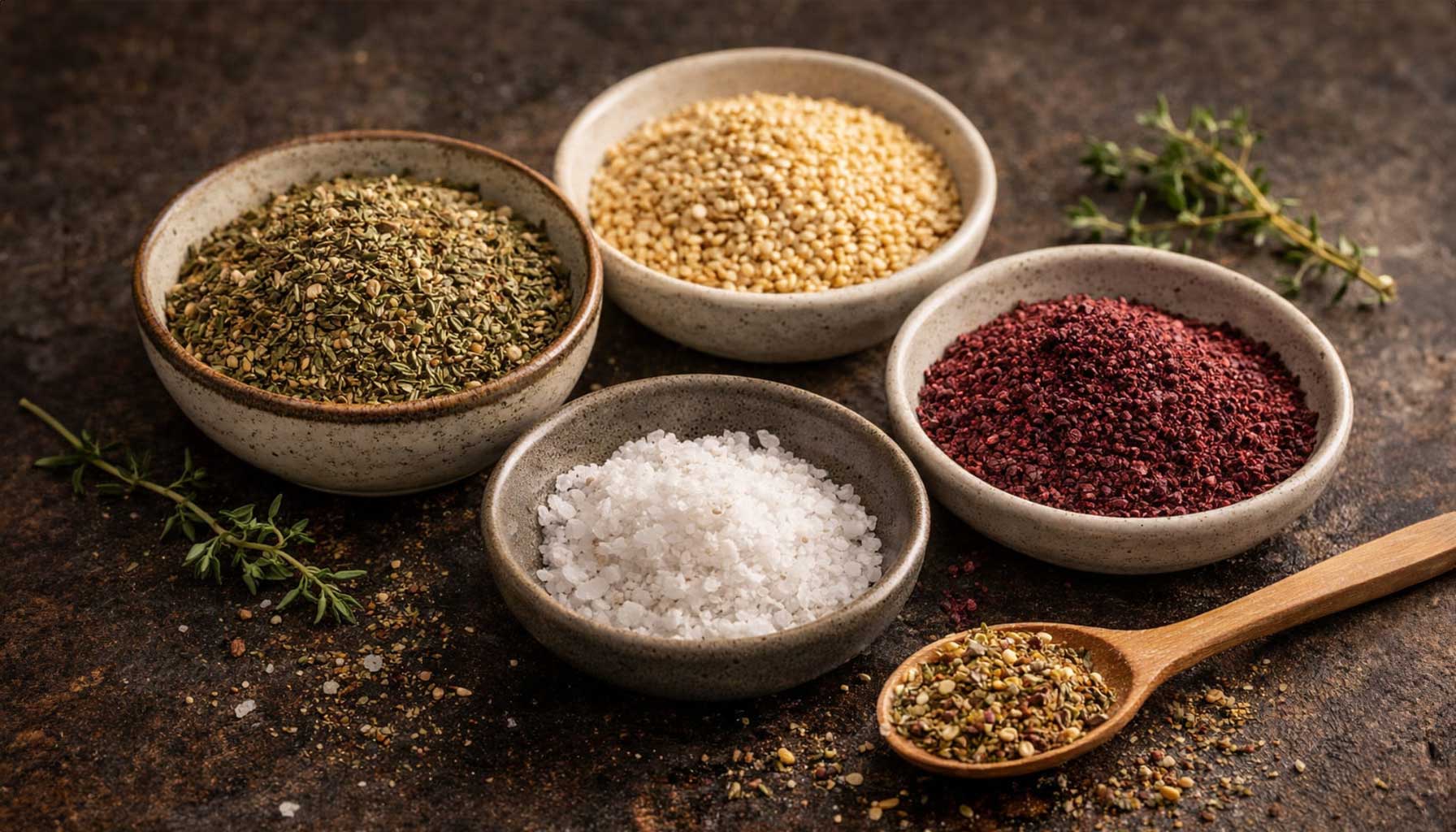 Verschiedene Zatar-Zutaten einzeln angeordnet: Thymian, Sesamsamen, Sumach und Salz